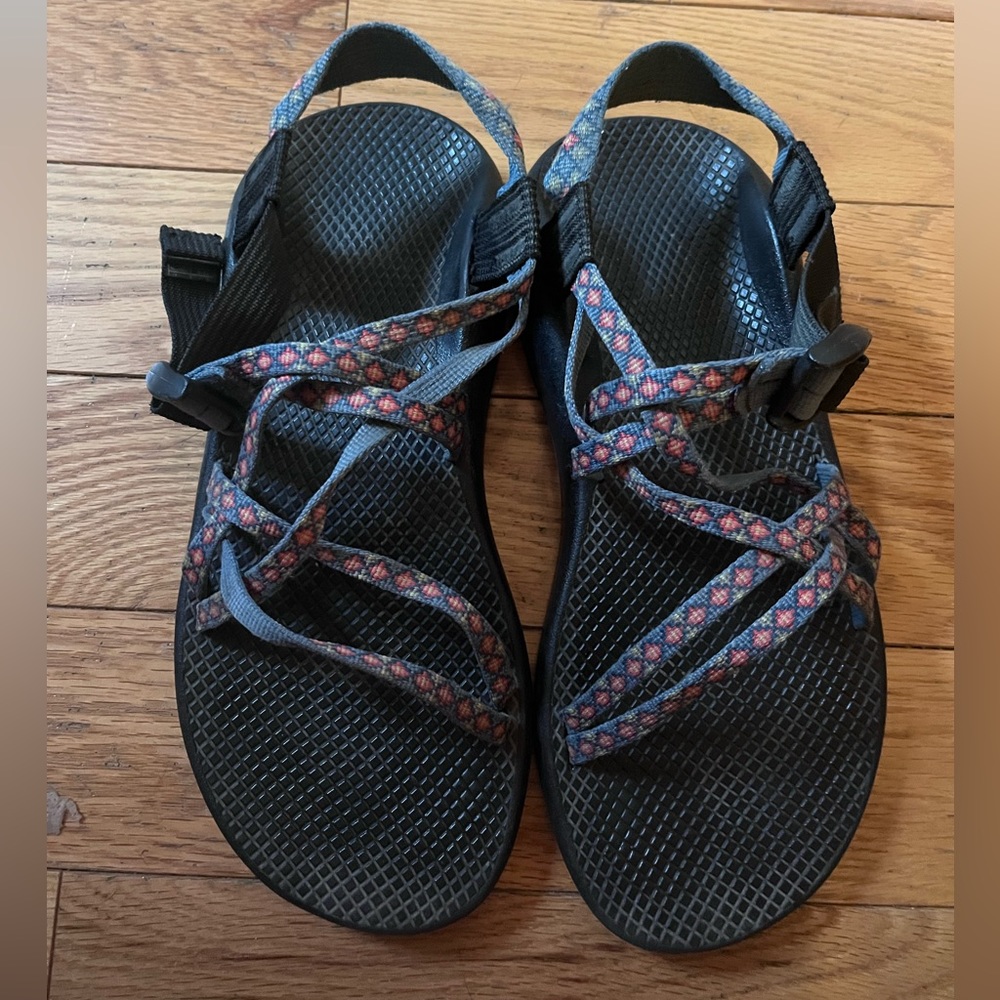 Blue and floral Chacos